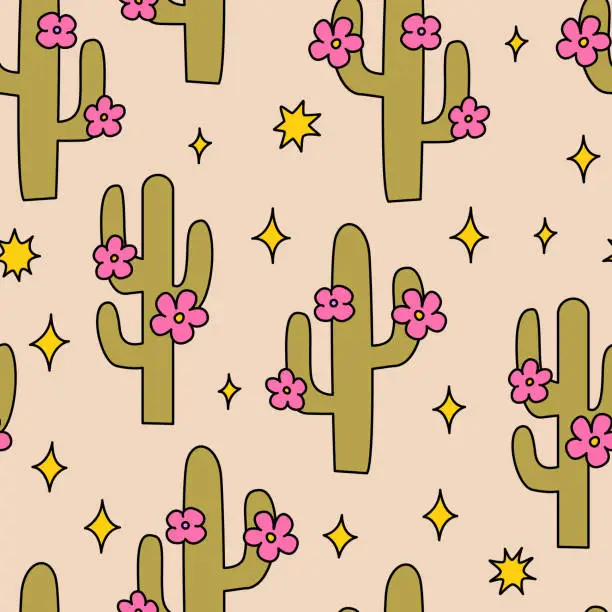 Vector illustration of Seamless pattern with cute cactuses and flowers