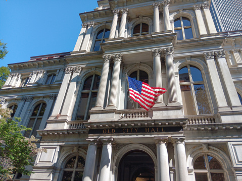 A shot of part of the street view of Old Boston City Hall in Boston, Massachusetts.
