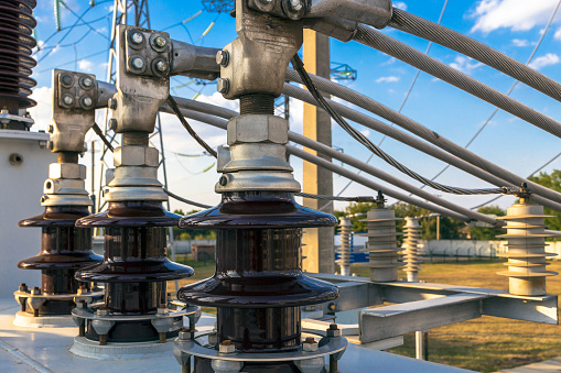 Electrical substation tower for power generation against the sky