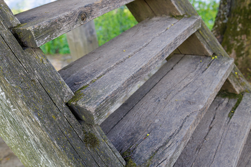 old dry wooden stairs at summer day, closeup with selective focus.