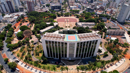 Cityscape of Goiania at midwest Brazil state of Goias. Aerial landscape of capital city with famous outdoor landscape square parks. Tropical scenery.