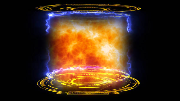 istock Nuclear fusion engine simulation of atomic collision to full power release mass power in digital orange laboratory on the black isolated 1698612651