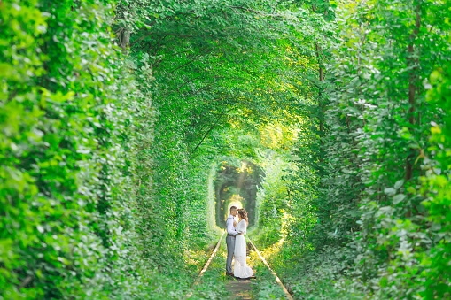 a tree tunnel and a railroad track. the couple in love stand face to face
