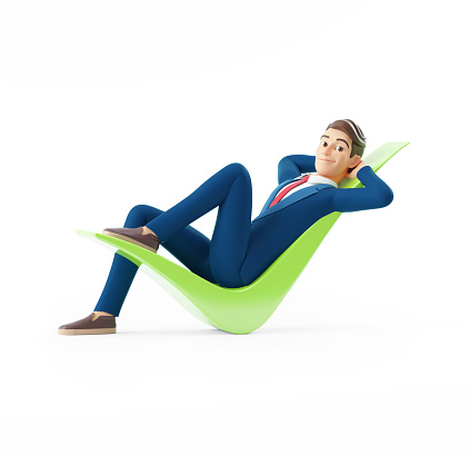 3d cartoon businessman lying down on check mark, illustration isolated on white background