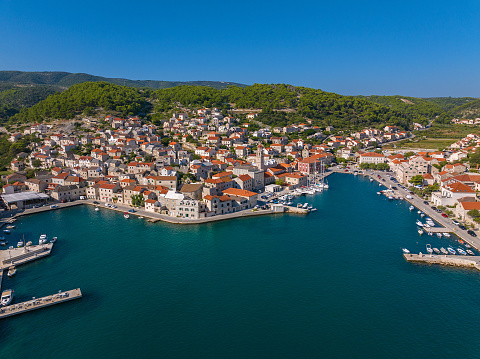 Aerial photo of Pucisca town on Brac Island, Croatia