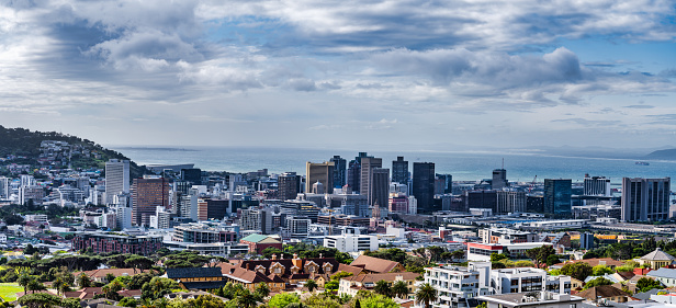 Panorama shot of Cape Town city centre with dramatic sky, Cape Town, South Africa