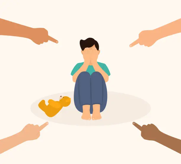Vector illustration of Sad Lonely Child Surrounded By Hands With Index Fingers Pointing At Him. Little Boy Crying And Covering His Face With His Hands. Bullying, Loneliness, Insecurity And Victim Blaming Concept