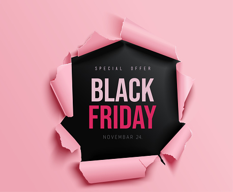 Black Friday sale background. Hole in black paper. Vector illustration. Pink paper