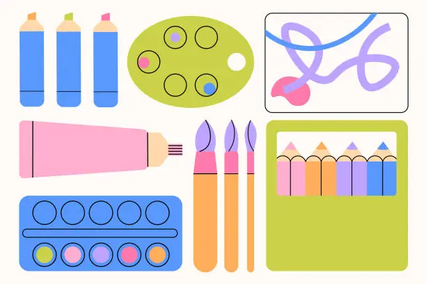 Vector illustration of School accessories  - Drawing and painting supplies