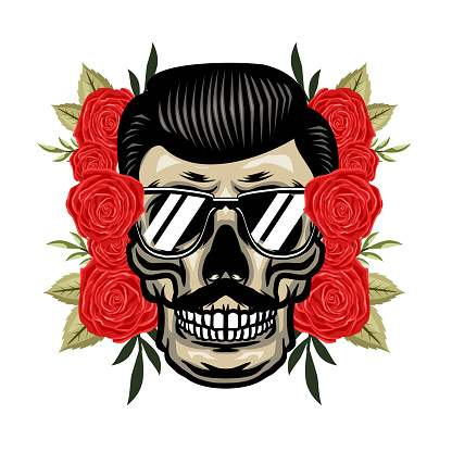 A human skulls with roses on white background