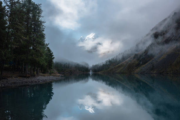 istock Tranquil scenery with snow castle in clouds. Mountain creek flows from forest hills into glacial lake. Snowy mountains in fog clearance, small river and coniferous trees reflected in calm alpine lake. 1698700789
