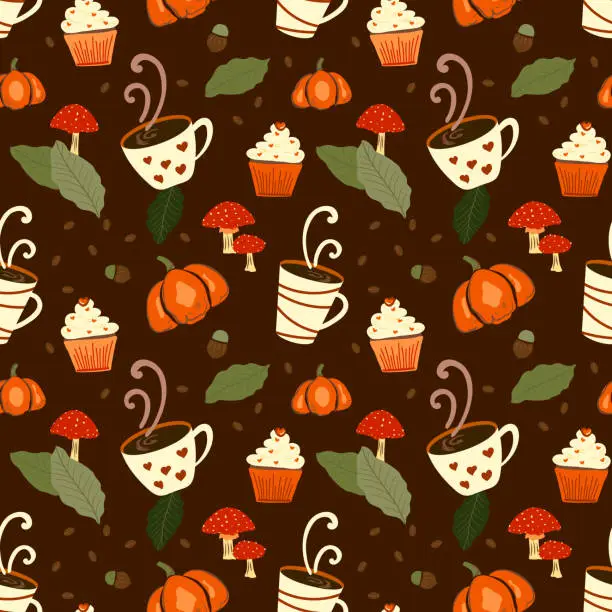 Vector illustration of Autumn seamless pattern with, leaves, acorn, hot coffee, pumpkin, cupcake and  mushrooms. Autumn harvest, halloween or Thanksgiving on dark brown color background design