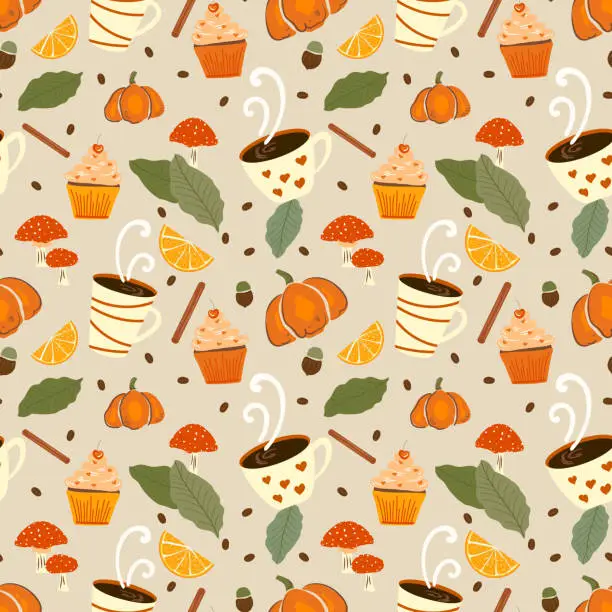 Vector illustration of Autumn seamless pattern with leaves, acorn, cinnamon, orange, coffee, pumpkin, cupcake and mushrooms. Autumn harvest, halloween or Thanksgiving on beige color background seasonal design