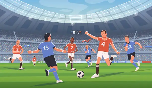 Vector illustration of Soccer. Football match, players play ball in the stadium. Goal. Team game, athletes fight for the ball on the field