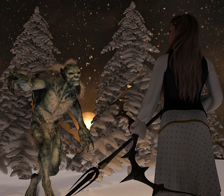 Werewolf and female elf warrior ready to fight in the winter forest - 3d rendering