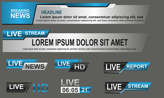 Broadcast News Lower Thirds Template layout blue grey set collection design banner for bar Headline news title, sport game in Television, Video and Media Channel vector illustration.