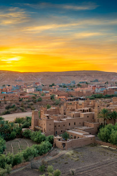 View of the old town of Aït-Ben-Haddou at sunset, Morocco View of the old town of Aït-Ben-Haddou at sunset, Morocco ait benhaddou stock pictures, royalty-free photos & images