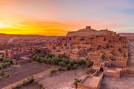 View of the old town of Aït-Ben-Haddou at sunset, Morocco