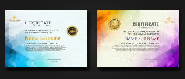 Vector illustration of Set modern certificate template with gradation colorful polygon shape ornament