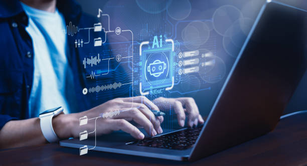 istock Innovative AI Prompt, Man Creating Sound Automatic Generation with Virtual Screen 1698751314