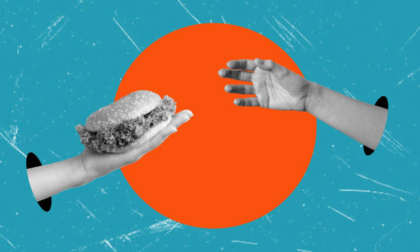 istock Hand passes burger on blue background with orange circle . Artistic collage. 1698760982