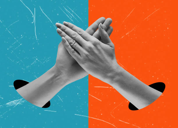 istock Art collage, holding women's hands on blue orange background. 1698761007
