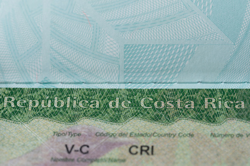 Costa rica visa stamp macro close up view. Travel to central america theme