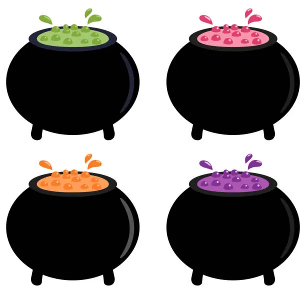 Vector illustration of Vector drawing in flat style of a witch's cauldron with colorful boiling liquid