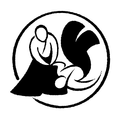 Aikido black and white ink logo, hand drawn brusk strokes. Simple drawing of Japanese martial art. Vector illustration.
