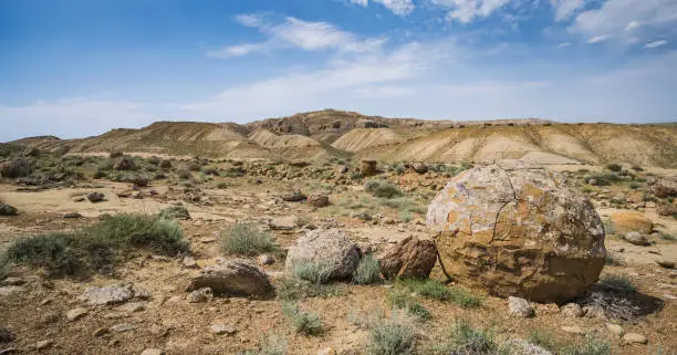 Photo of Unusual spherical shape of stones in the Kazakh steppe Mangistau, valley of balls in nature Torysh