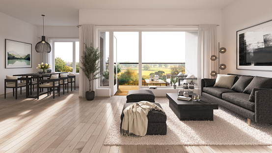 Modern interior living space. Render image.