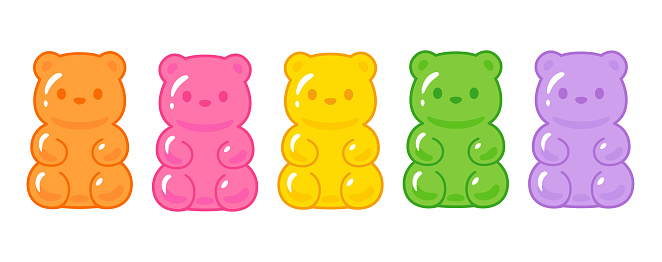 Cute cartoon gummy bears drawing set. Colorful bear shaped candy vector clip art Illustration.