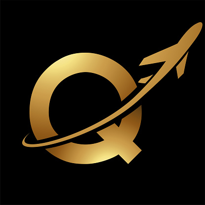 Glossy Gold Uppercase Letter Q Icon with an Airplane on a Black Background