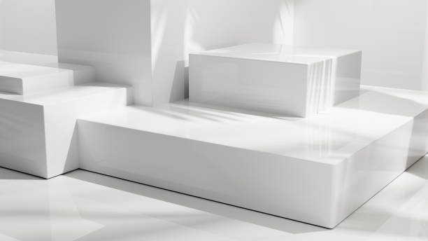 istock Abstract white geometric shapes background with sunlight and palm leafs shadows, place for product placement and design, white empty table-stage podium, blank white empty space room 1698772171