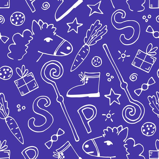 stockillustraties, clipart, cartoons en iconen met simple hand drawn vector seamless pattern. white outline on a blue background. celebration of st. nicholas day, sinterklaas. for printing on wrapping paper, gifts, textiles. - pepernoten