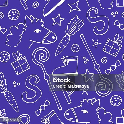 istock Simple hand drawn vector seamless pattern. White outline on a blue background. Celebration of St. Nicholas Day, Sinterklaas. For printing on wrapping paper, gifts, textiles. 1698773530