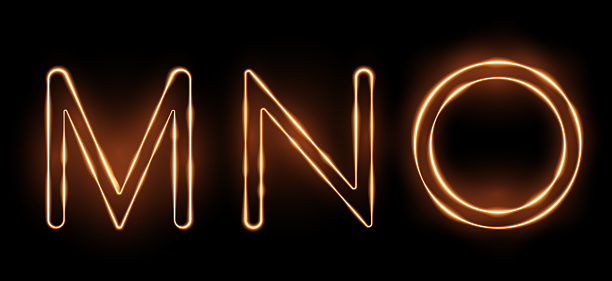Three fiery letters MNO with a transparency effect on a black background. Highly realistic illustration.