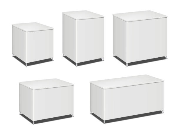 ilustraciones, imágenes clip art, dibujos animados e iconos de stock de mostrador de exposición portátil blanco en blanco con patas de metal. conjunto de maquetas vectoriales. kit de maqueta de soporte de exhibición de mesa promocional - cabina mueble