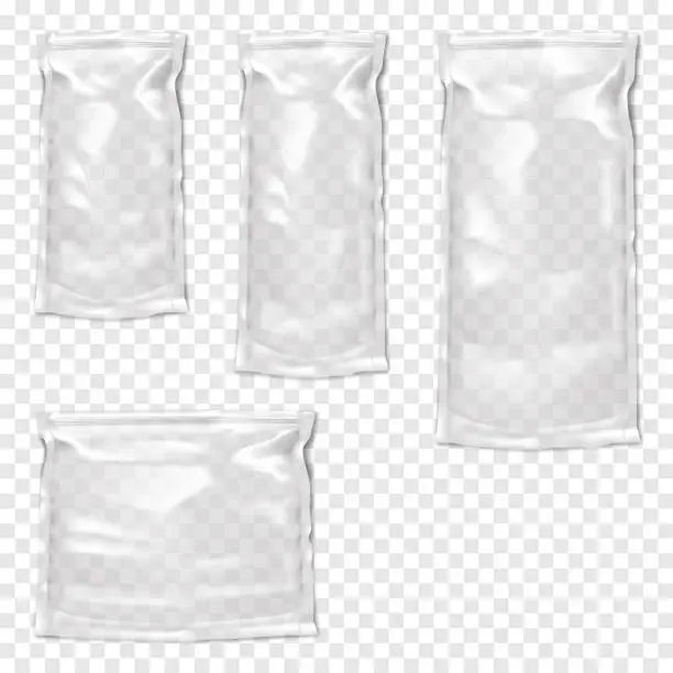 Vector illustration of Clear glossy plastic bag with zip lock vector mock-up set. Empty blank transparent vinyl zipper stand-up pouch package. Various sizes mockup kit. Template for design