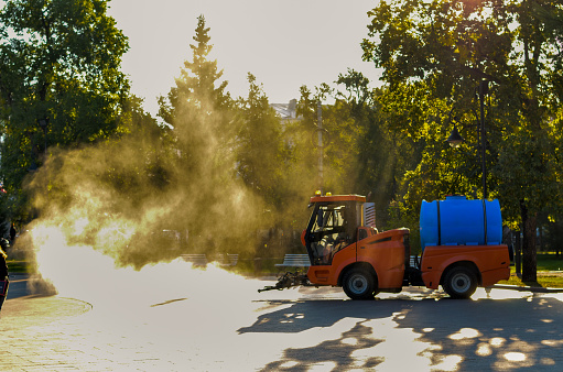 Truck watering a tree by spray water in the park at the morning.