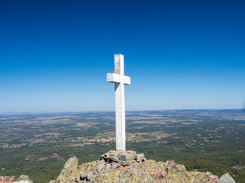 Viewpoint from Mount Tzouhalem with a cross on the top overlooking the valley of North Cowichan, Vancouver Island.