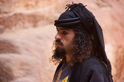 Petra, Jordan - March 24, 2019: Bedouin man with black kajal on his eyes. Bedouin men use to wear kohl to provide protection against both the \