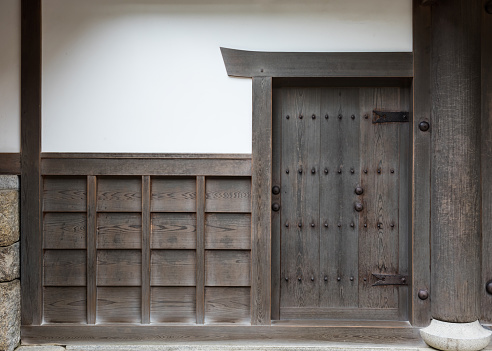 Traditional wooden door of Japanese house in Kyoto, Japan. Architecture design.