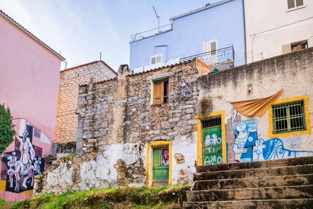 Murals are depicted on the façades of the houses of Orgosolo, a town in the Barbagia region famous for its paintings, most of it politically motivated, made by various artists starting from the end of the 60s
