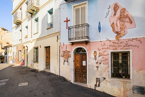 Murals are depicted on the façades of the houses of Orgosolo, a town in the Barbagia region famous for its paintings, most of it politically motivated, made by various artists starting from the end of the 60s