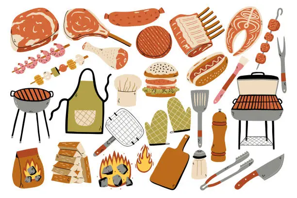 Vector illustration of Set Barbecue Tool and Meat