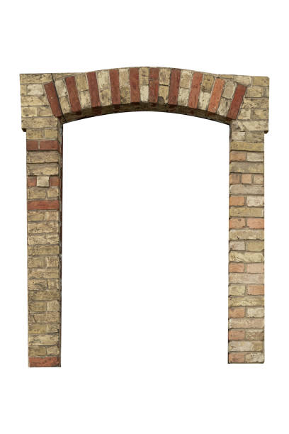 Arched antique doorway frame with a free space in a brick wall is isolated on white background.