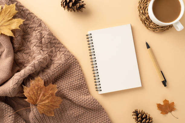 istock Cozy fall workspace design. Top view of knitted throw, hot chocolate, spiral notebook, pen, pine cones, maple leaves on pastel beige background. Empty space for text 1698846303