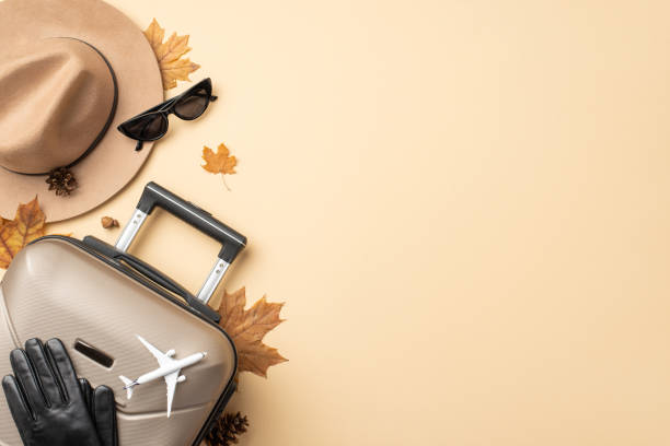 istock Autumn wanderlust begins here. High-angle shot featuring a gray suitcase, maple leaves, a comfortable felt hat, and gloves on beige isolated background, ready for your advertising or textual input 1698846333