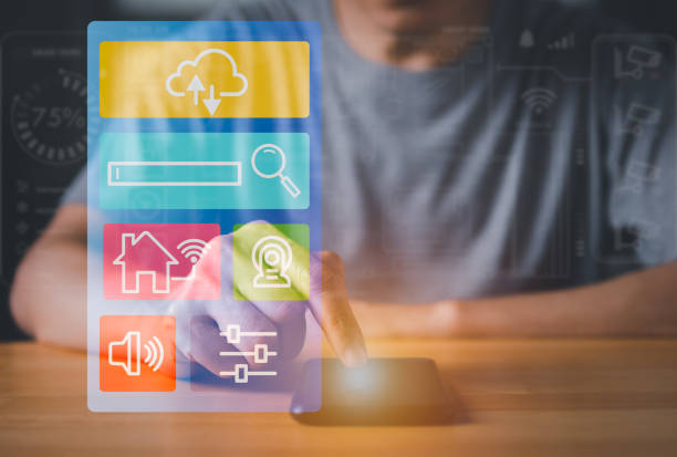 Modern innovation technology control concept. Person use mobile phone automated control smart home via wireless app interface. The futuristic digital internet communication network.